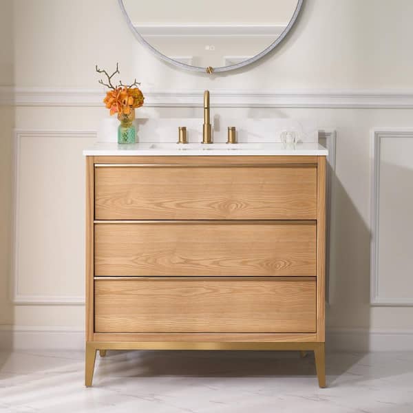 ANGELES HOME 36 in.W x 22 in.D x 35 in.H Certified Single Sink Solid Wood Bath Vanity in OAK with White Quartz Top,Soft-Close Drawers