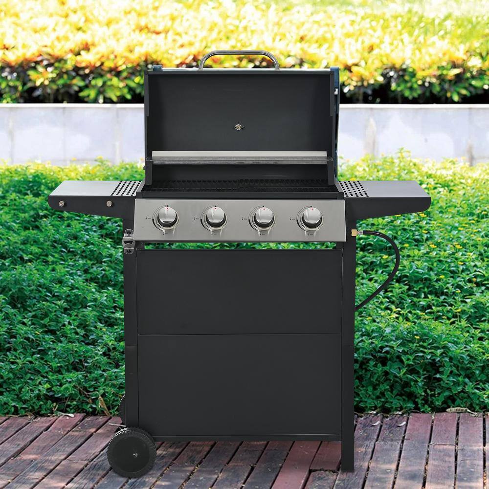 Black Stainless Steel 4-Burner Propane Gas Grill with Side Burner