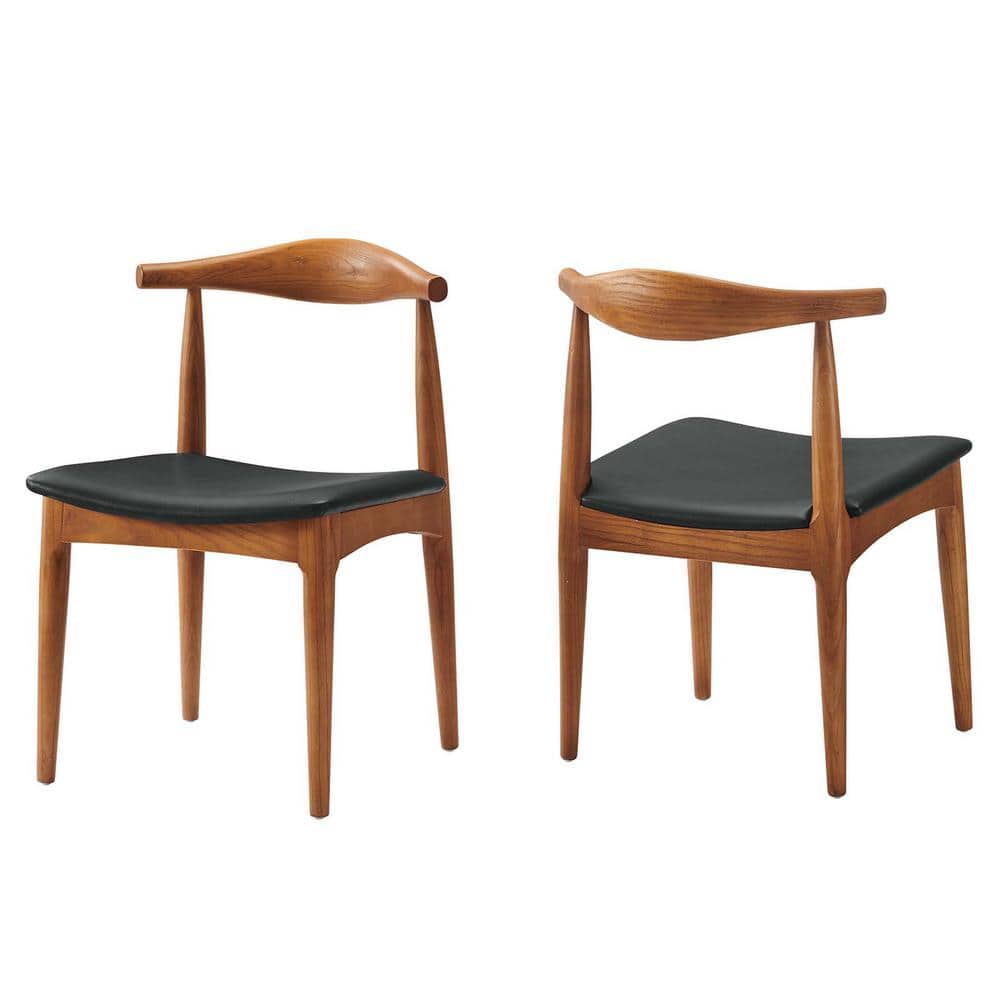 Mid-Century Curved Black Faux Leather and Wood Side Chair