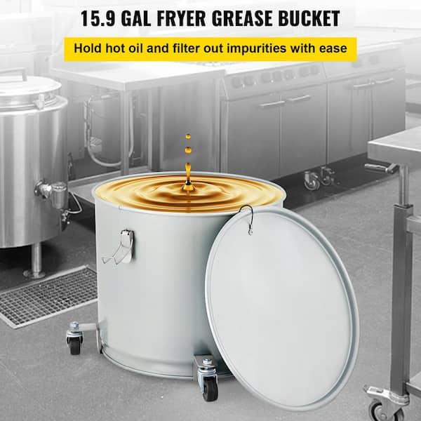VEVOR Fryer Grease Bucket, 15.9 gal/60 L, Coated Carbon Steel Oil Filter Pot with Caster Base, Oil Disposal Caddy with 123 lbs