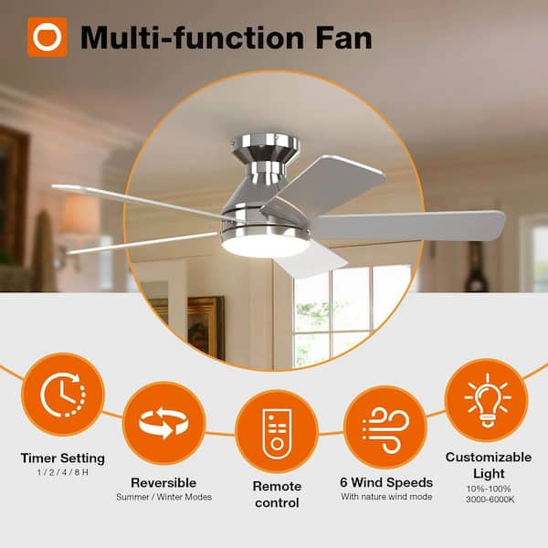 42 in. Indoor Nickel Flush Mount Low Profile Ceiling Fan with Integrated LED Light and Remote Control
