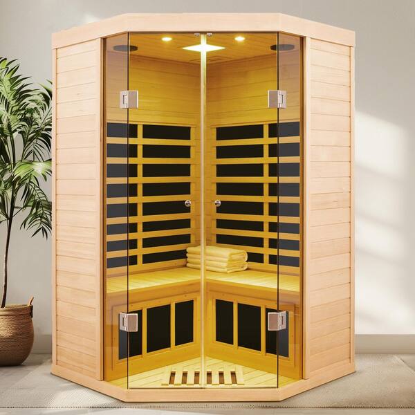 2-Person Corner Sauna with LCD Display, Touch Control, APP Control, Bluetooth and LED reading lights