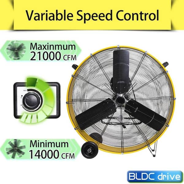 36 in. Yellow Heavy Duty Barrel Drum Fan, 21000 CFM, DC Brushless Motor, UL Listed, Workshop and Garage Use