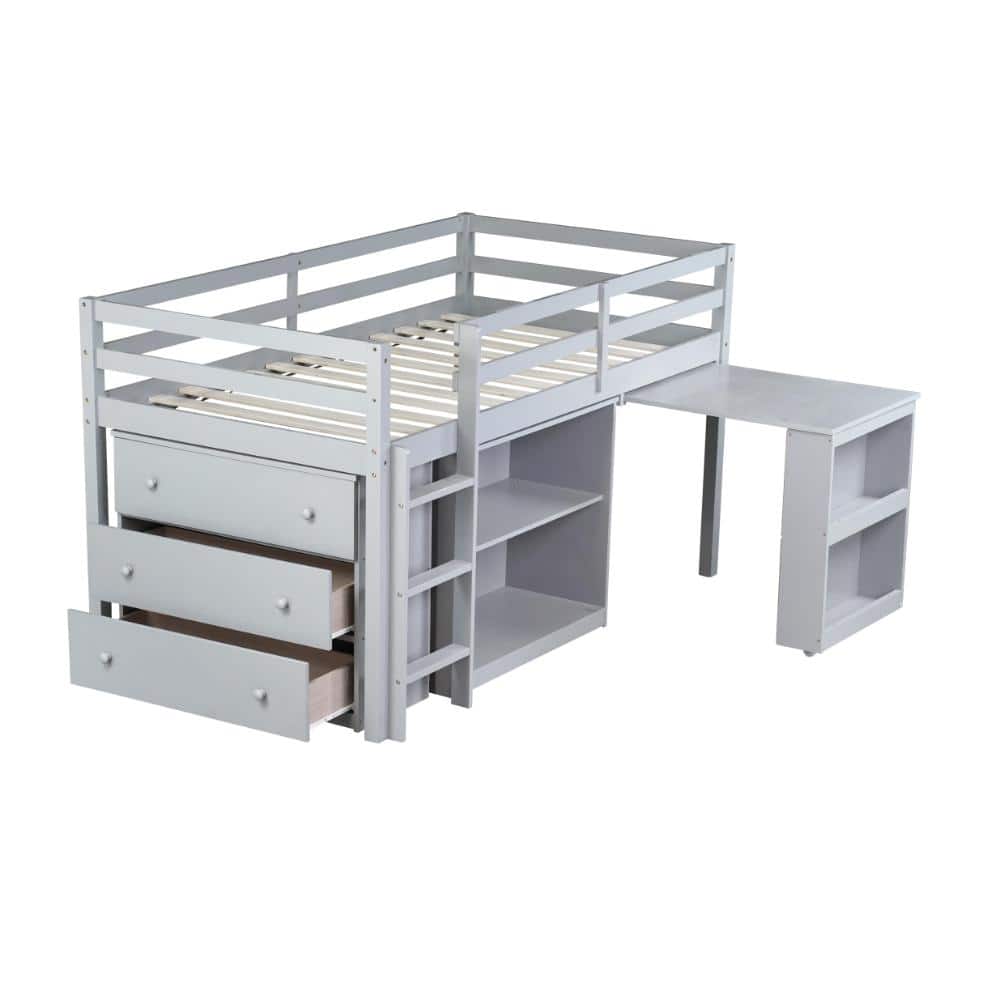 Gray Twin Wood Loft Bed with Safety Guardrail,Shelf Cabinet and Pulling-Out Desk price history on PriceWatchPro