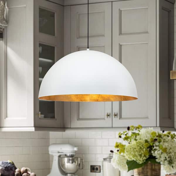 PCover 15 in.Dia Medium Lighting 1-Light White Farmhouse Dome Pendant Light Industrial Gold Leaf Island Ceiling Light