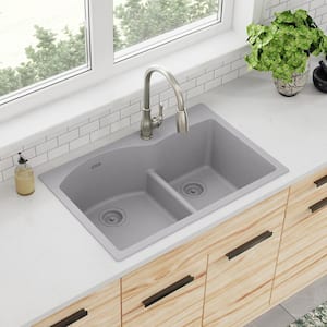 Quartz Classic 33 in. Drop-in Offset 60/40 Double Bowl Greystone Granite/Quartz Composite Kitchen Sink Only