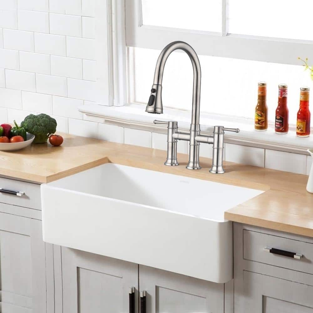 Double Handle Bridge Kitchen Faucet with Pull-Down Spray Head, Stainless St