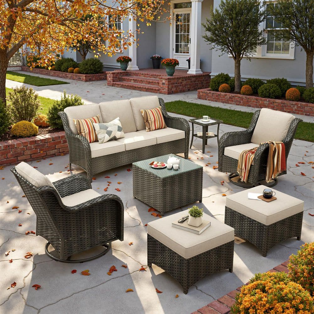 Clario 7-Piece Wicker Patio Seating Conversation Set with Beige Cushion and 360° Rocking Swivel Chair for Backyard price history on PriceWatchPro
