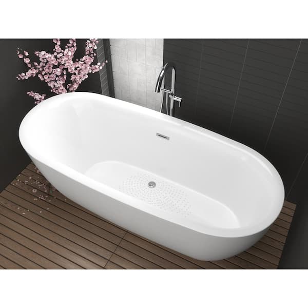 Ami Series 67 in. x 30 in. Flat Bottom Acrylic Freestanding 91 Gallon Soaking Bathtub with Center Drain in Glossy White