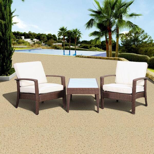 Atlantic Contemporary Lifestyle Florida Deluxe Brown 3-Piece All-Weather Wicker Patio Conversation Set with Off-White Cushions
