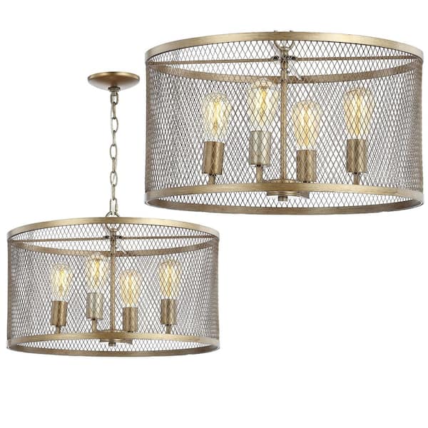 Pen 4-Light 20 in. Antiqued Gold Iron Adjustable Industrial Mesh LED Pendant