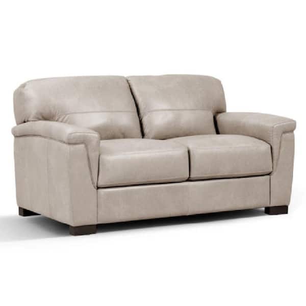 Benjara 40 in. Beige Solid Leather 2-Seater Loveseat with T Cushion Back and Padded Arms