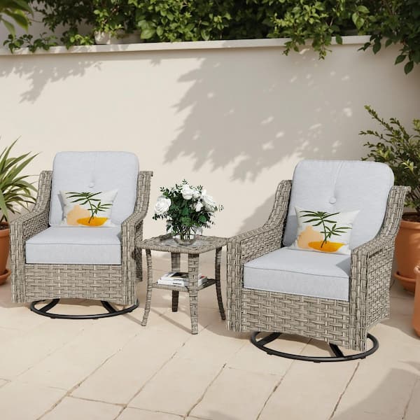 Toject Eureka Grey 3-Piece Wicker Outdoor Patio Conversation Swivel Rocking Chair Seating Set with Light Grey Cushions