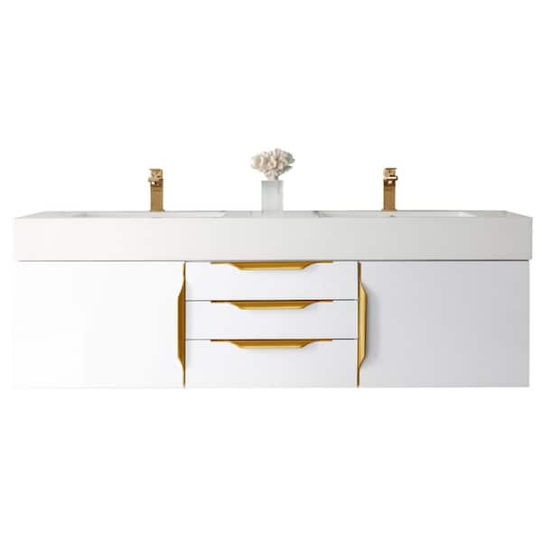 James Martin Vanities Columbia 59.0 in. W x 19.5 in. D x 19.3 in. H Double Bath Vanity in Glossy White with Glossy White Composite Top