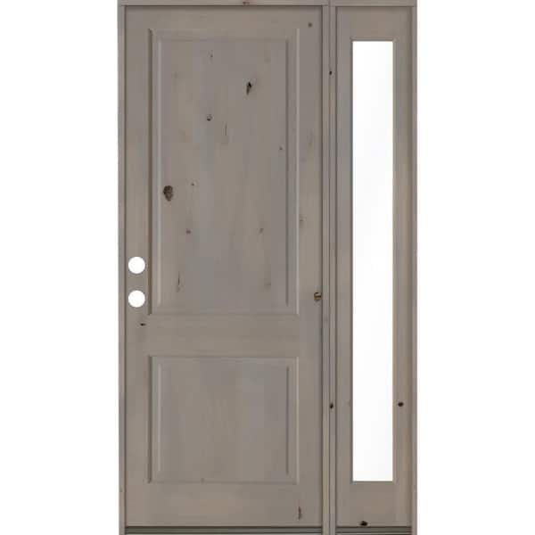 Krosswood Doors 56 in. x 96 in. Rustic knotty alder Right-Hand/Inswing Clear Glass Grey Stain Square Top Wood Prehung Front Door w/RFSL