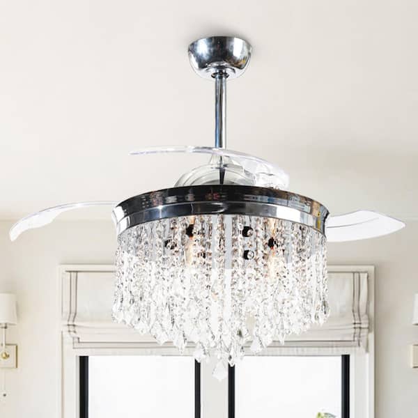 Mateo 42 in. Indoor Downrod Mount Retractable Chrome Ceiling Fan Chandelier with Light Kit and Remote Control