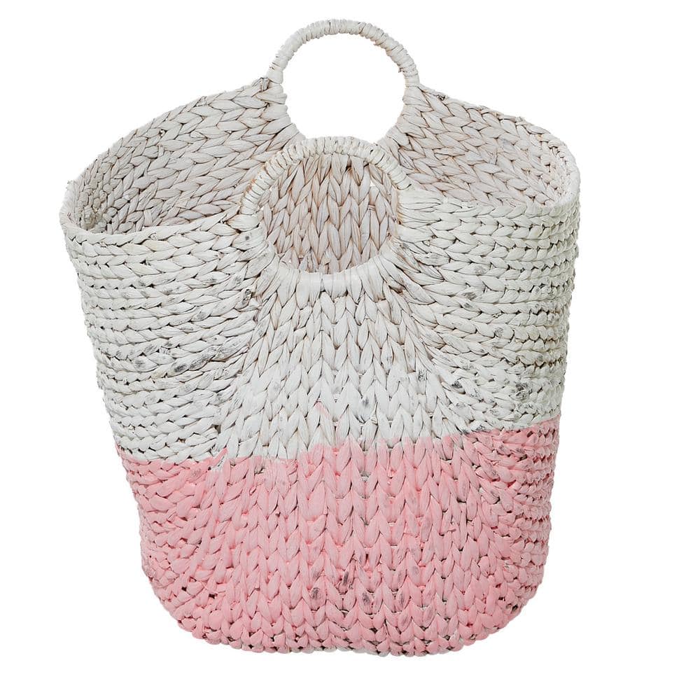 Round Seagrass 21'' Storage Basket with White and Pink Accents