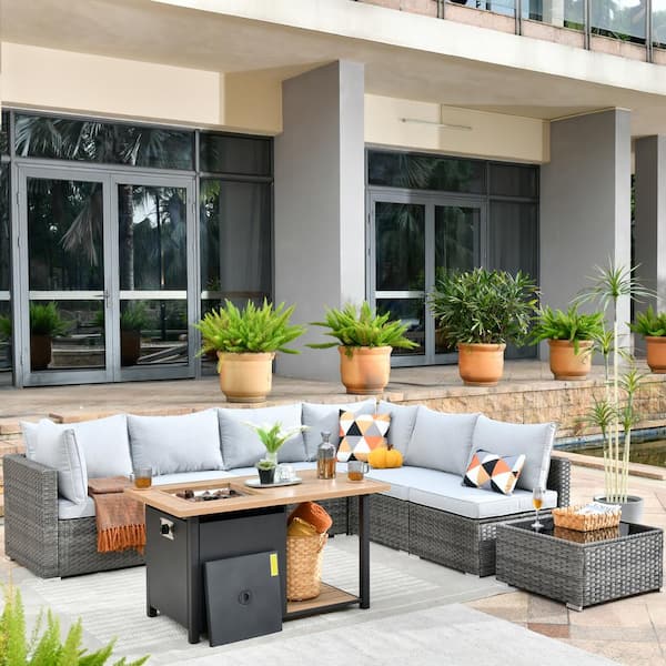 Toject Sanibel Gray 8-Piece Wicker Outdoor Patio Conversation Sofa Seating Set with a Storage Fire Pit and Light Gray Cushions