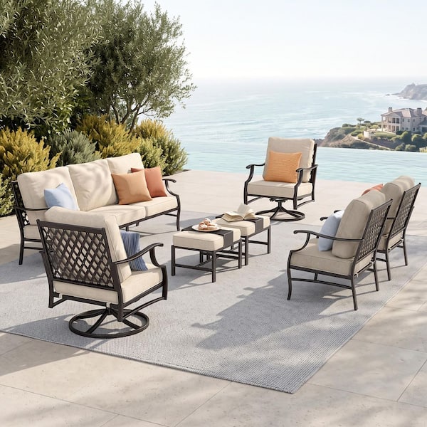 Black Meshed 9-Seat 7-Piece Metal Outdoor Patio Conversation Set with Beige Cushions,2 Swivel Chairs and 2 Ottomans