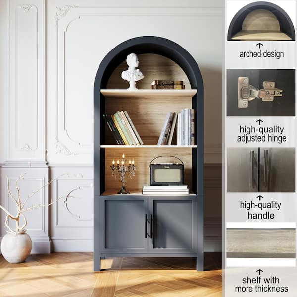 71" Tall Arched Bookcase With Storage, Mid-Century Modern