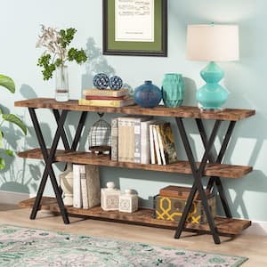 Turrella 70.8 in. Rustic Brown Rectangle Wood and Metal Console Table with 4 X Legs and Storage