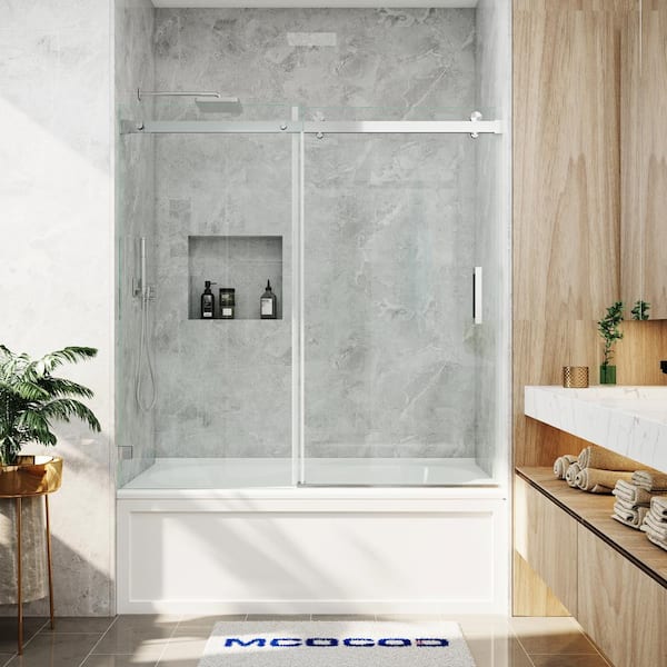 MCOCOD 60 in. W x 66 in. H Single Sliding Frameless Soft Close Tub Door in Brushed Nickel with 3/8 in. (10 mm) Clear Glass