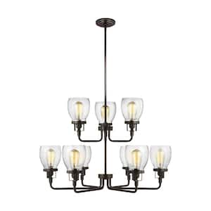 Belton 9-Light Heirloom Bronze Transitional Industrial Hanging Chandelier with Clear Seeded Glass Shades