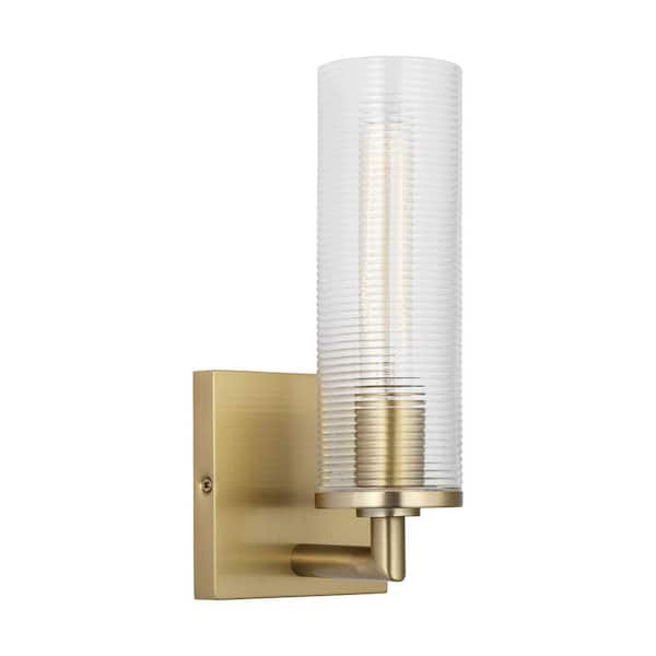 Sarita Small 1-Light Satin Brass Wall Sconce with Clear Ribbed Glass Shade