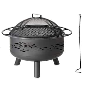 School of Fish 30 in. x 23 in. Outdoor Black Steel Wood-Burning Fire Pit with Domed Spark Guard