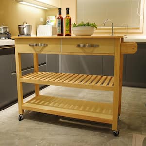 Natural Rubber Wood Kitchen Cart with Two Lockable Wheels and Towel Rack