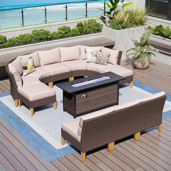 PHI VILLA Brown Rattan Wicker 10-Seat 11-Piece Steel Outdoor Fire Pit Patio Set with Beige Cushions and Rectangular Fire Pit Table