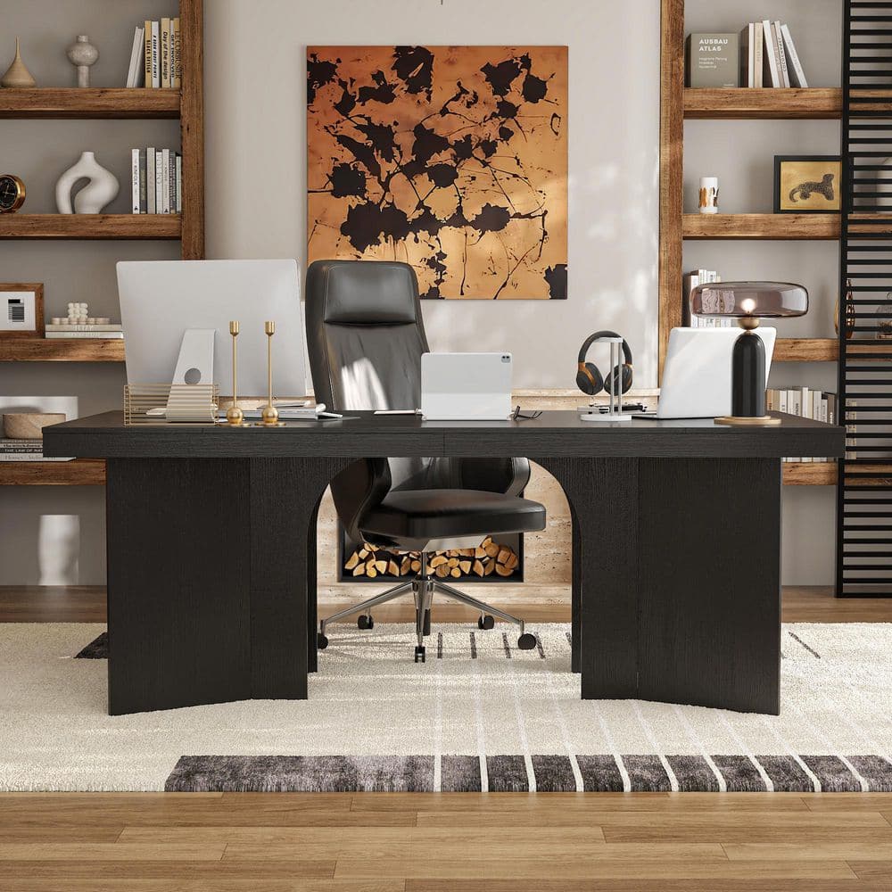 78.8 in, W Rectangle Black Wood No-Drawer Large Computer Desk, Writing Desk with Thick Desktop Butterfly Shaped Legs