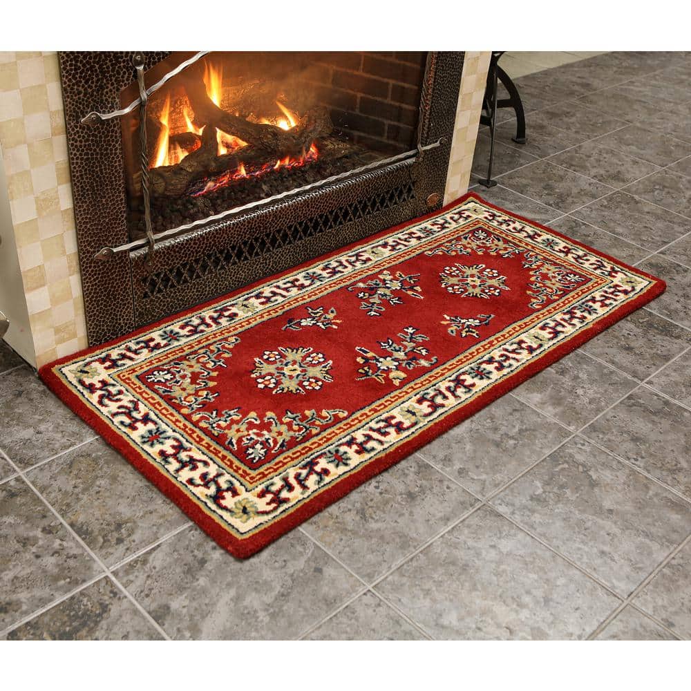 Elegant Burgundy Oriental Hearth Rug in Handmade Wool, 56"x26"