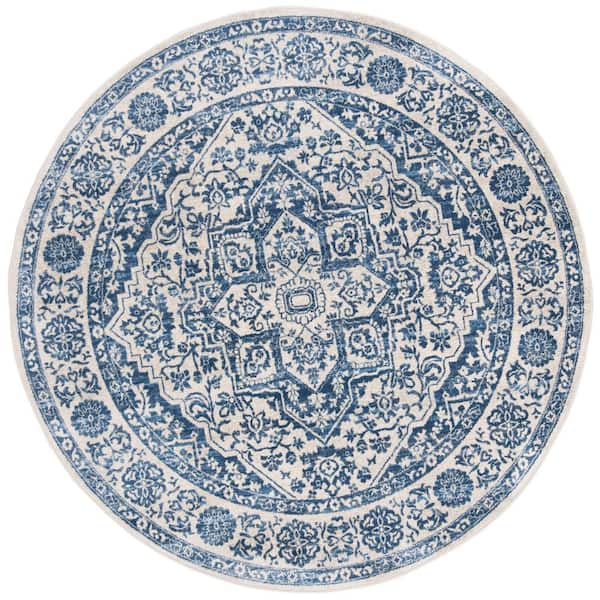 SAFAVIEH Brentwood Navy/Light Gray 7 ft. x 7 ft. Round Border Medallion Distressed Area Rug