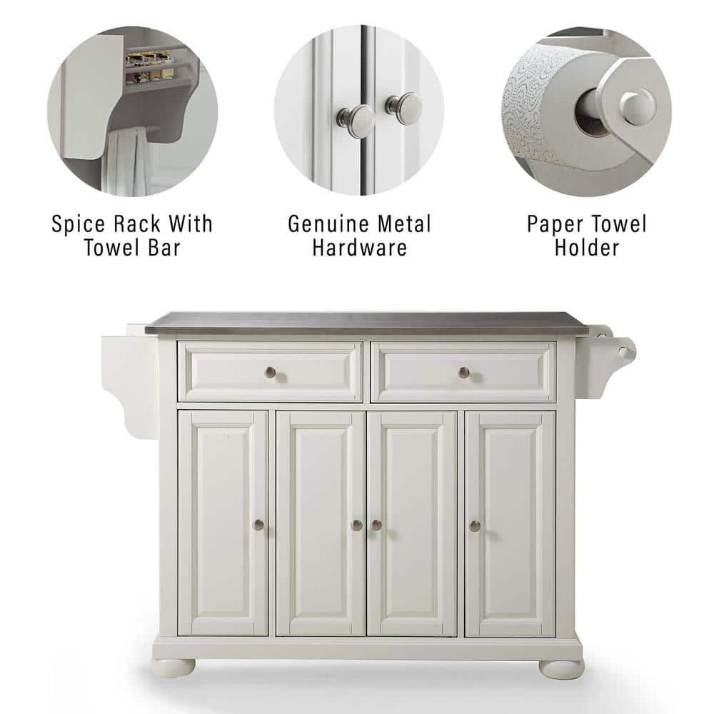 White and Silver Stainless Steel Top Kitchen Island