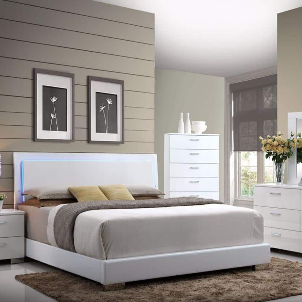 Lorimar High Gloss White Queen Bed with LED Headboard and Faux Leather