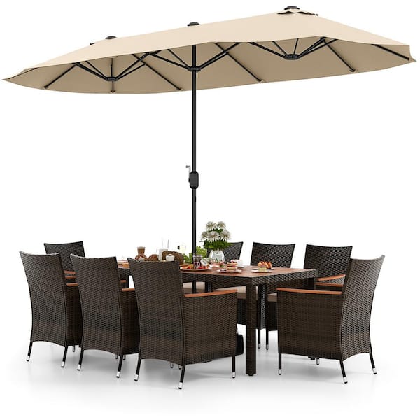 9-Piece Wicker and Wood Outdoor Dining Set with Beige Cushions and 15 ft. Double-Sided Twin Beige Umbrella