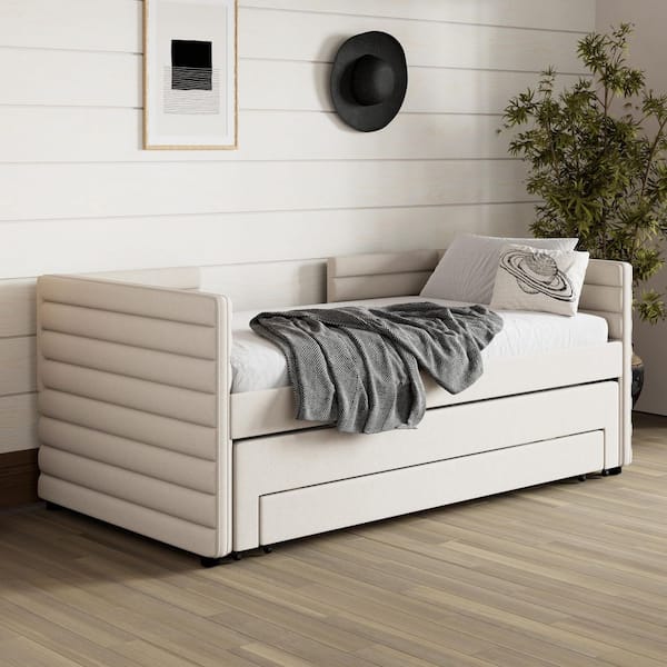 Holly Beige Twin Size Linen Fabric Upholstered Daybed with Trundle, 3 Storage Drawers