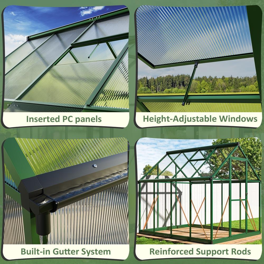8x10 FT Green Polycarbonate Walk-In Greenhouse with Aluminum Frame