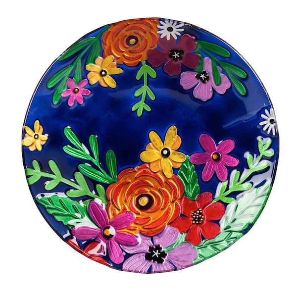 Evergreen 18 in. Hand painted Embossed Bright Florals Glass Birdbath with Solar Fountain