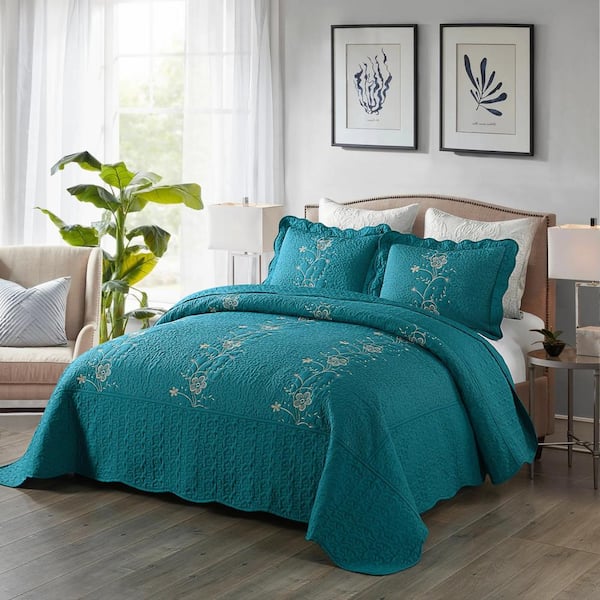 Lapaz Teal Embroidery Flower Queen Polyester Quilt Bedspread Set