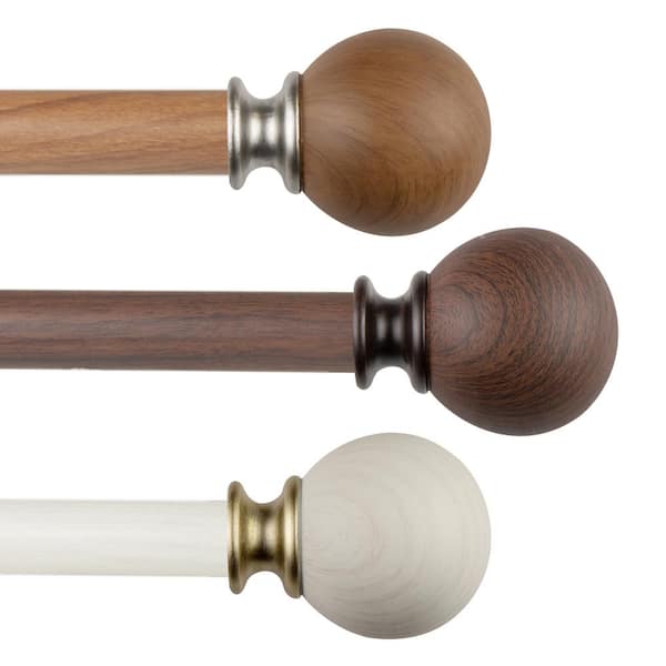EMOH 1" dia Adjustable Single Faux Wood Curtain Rod 120-170 inch in Chestnut with Bartiste Finials