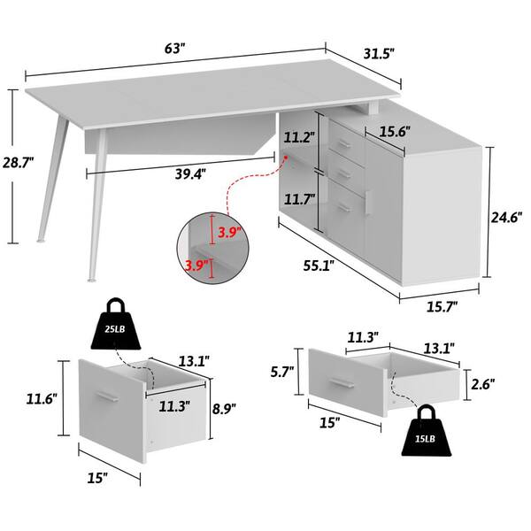 FUFU&GAGA 63 in. W-28.7 in. H White Computer Desk with 3-Drawers, 1-Storage Cabinet and 2-Adjustable Shelves