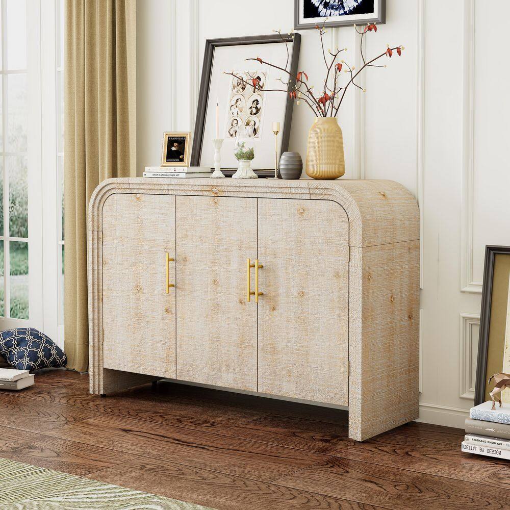 47 in. W x 16 in. D x 33 in. H Beige Linen Cabinet, Retro Minimalist Curved Sideboard with Gold Handles and Dividers price history on PriceWatchPro