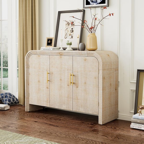 47 in. W x 16 in. D x 33 in. H Beige Linen Cabinet, Retro Minimalist Curved Sideboard with Gold Handles and Dividers