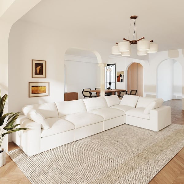 118 in. Square Arm 5-Piece Linen L-Shaped Modular Sectional Sofa Corner Cloud Couch in. White
