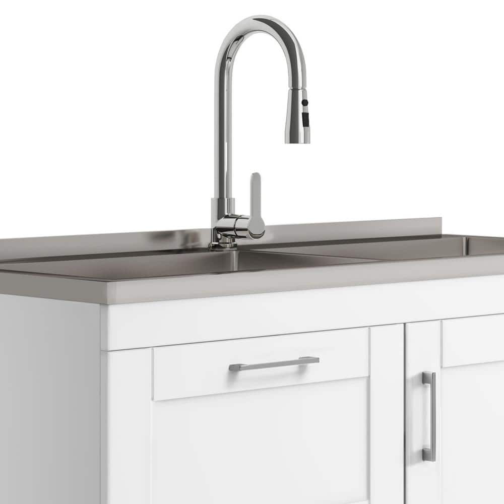 White 46 Inch Shaker Laundry Cabinet with Stainless Steel Sink