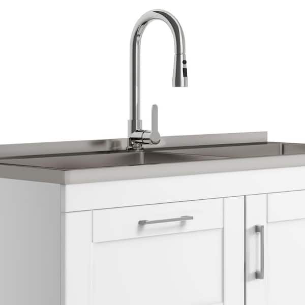 Simpli Home Modern Wide Shaker Transitional 46 in. wall mount Laundry sink with Cabinet Faucet and Stainless Steel Sink in White