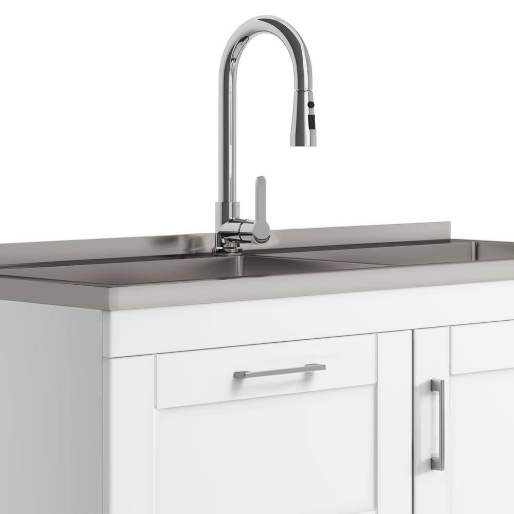 White 46 Inch Shaker Laundry Cabinet with Stainless Steel Sink
