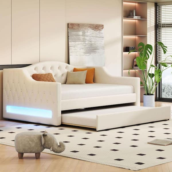 Beige Full Size Daybed with LED Belt and Trundle